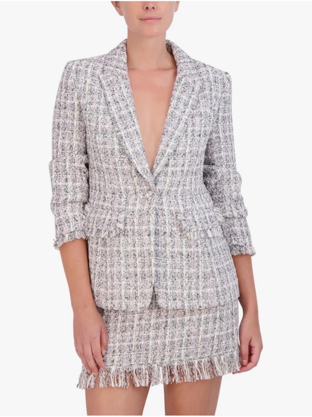 NWT - BCBGMAXAZRIA tweed blazer, purple/black one button boucle, size 6